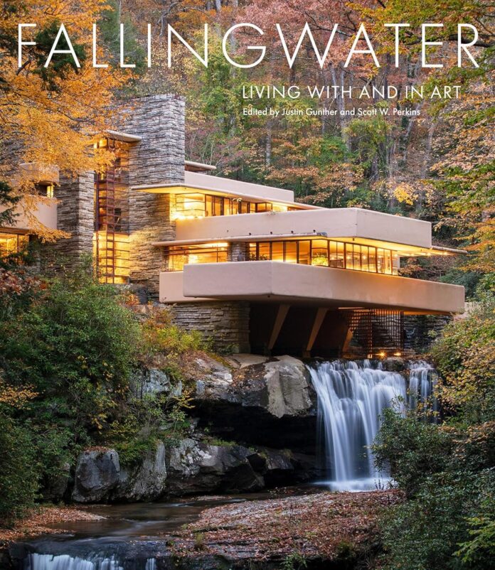 The cover of Fallingwater's new book featuring the outside of the museum and the famous waterfall.