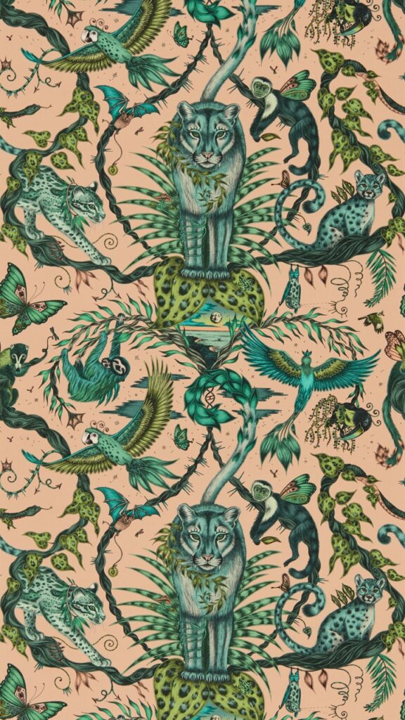 A green and pink wall paper that interwinds animal drawings on it.