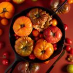 Baked tomatoes, some with their tops removed and others still lidded, are arranged in a dark cast-iron skillet, surrounded by smaller, colorful cherry tomatoes and green herbs.