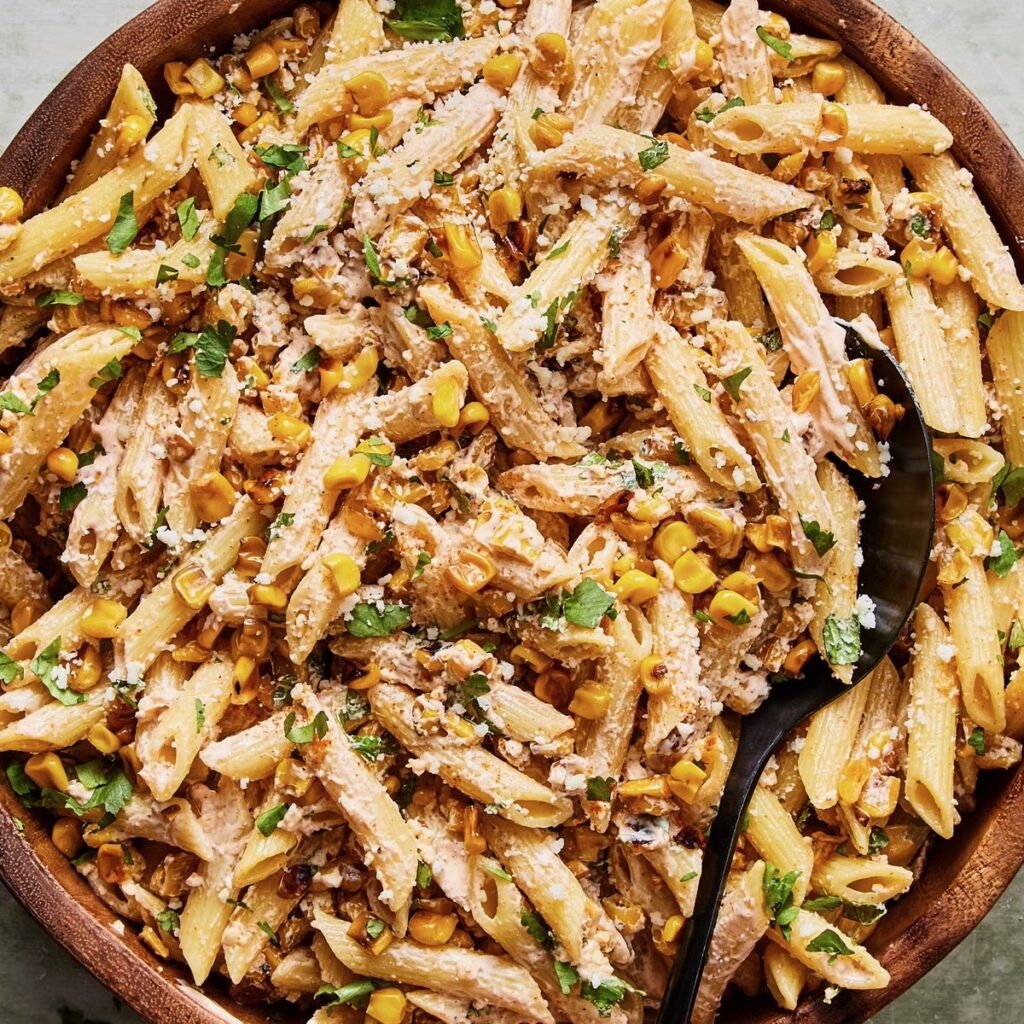 A brown bowl full of penne pasta in a pinkish creamy sauce with piece of corn, cheese, and cilantro throughout.