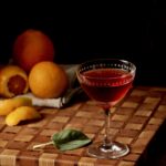 Oaxacan Nights Negroni on checkered board with fruit background