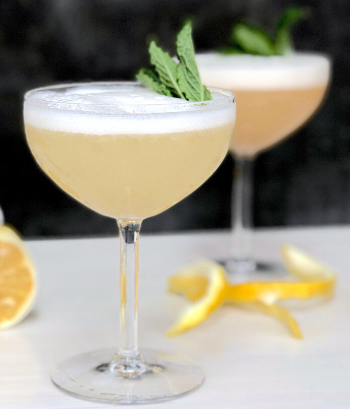 Two tall glasses hold a Pisco Sour with a mint leaf garnish and orange peels on the counter.