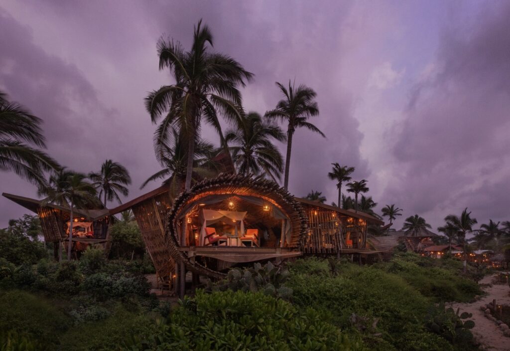 A wood hut sits in the middle of a group of palm trees, illuminating from the inside at Playa Viva.