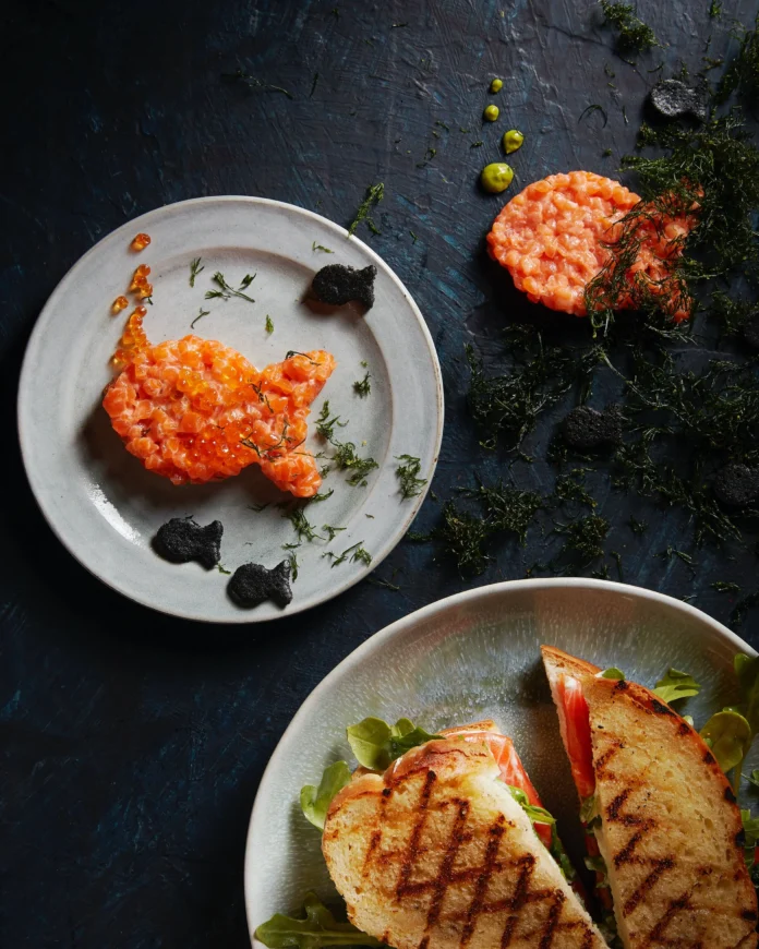 On a white plate to the left sits Salmon Tartare in the shape of a goldfish. To the right sits Salmon Grilled Cheese.