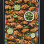 An above shot of a baking sheet filled with Vietnamese Chicken Wings.