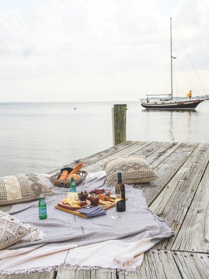 A picnic setting on a dock in the Chesapeake Bay.