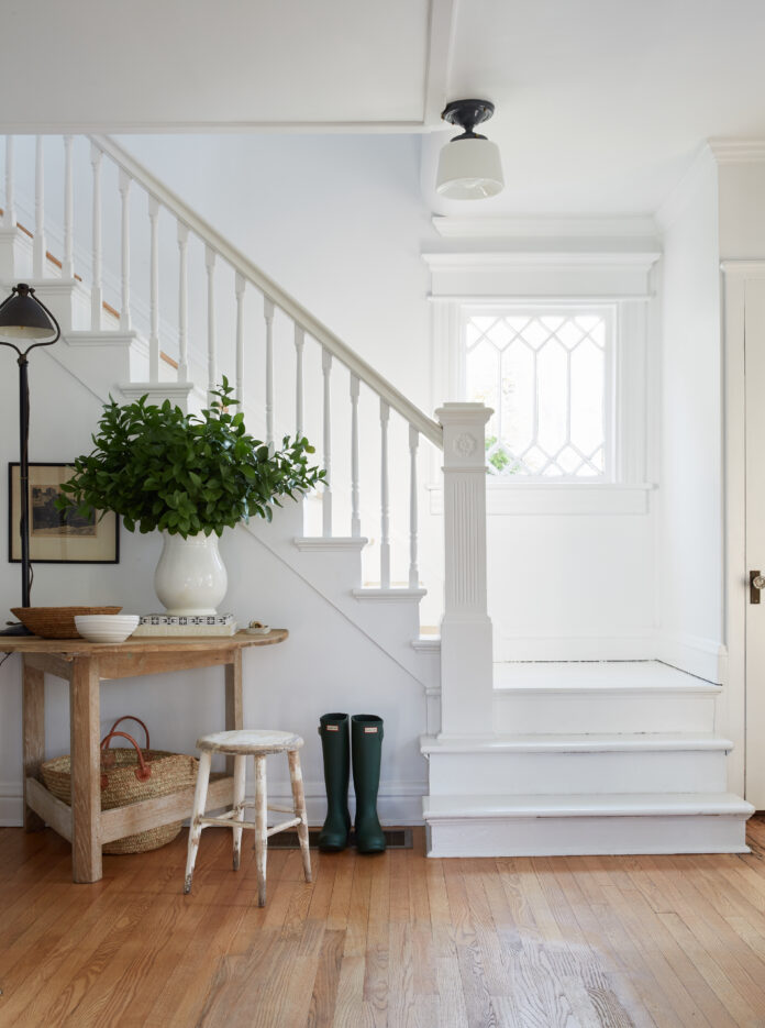 white staircase with simply green plant