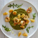 An above shot of a plate of Gnocchi with Arugula Pesto and Shrimp.