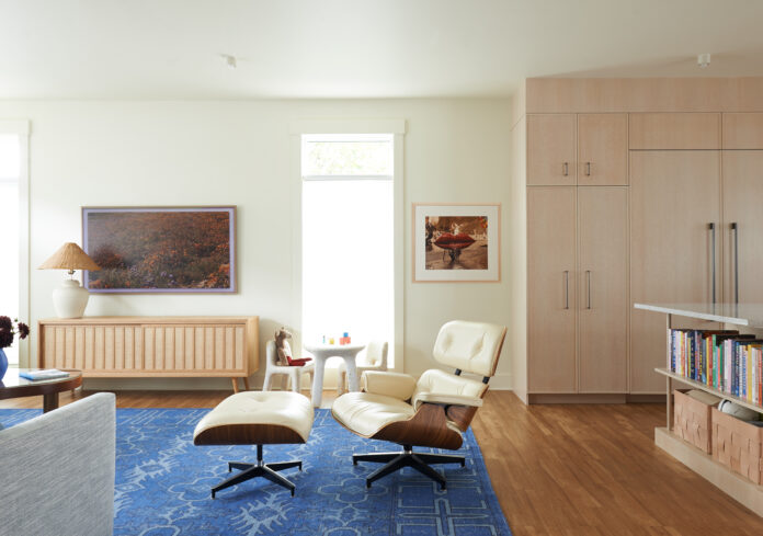 studio lithe blue carpet with simple nude chair