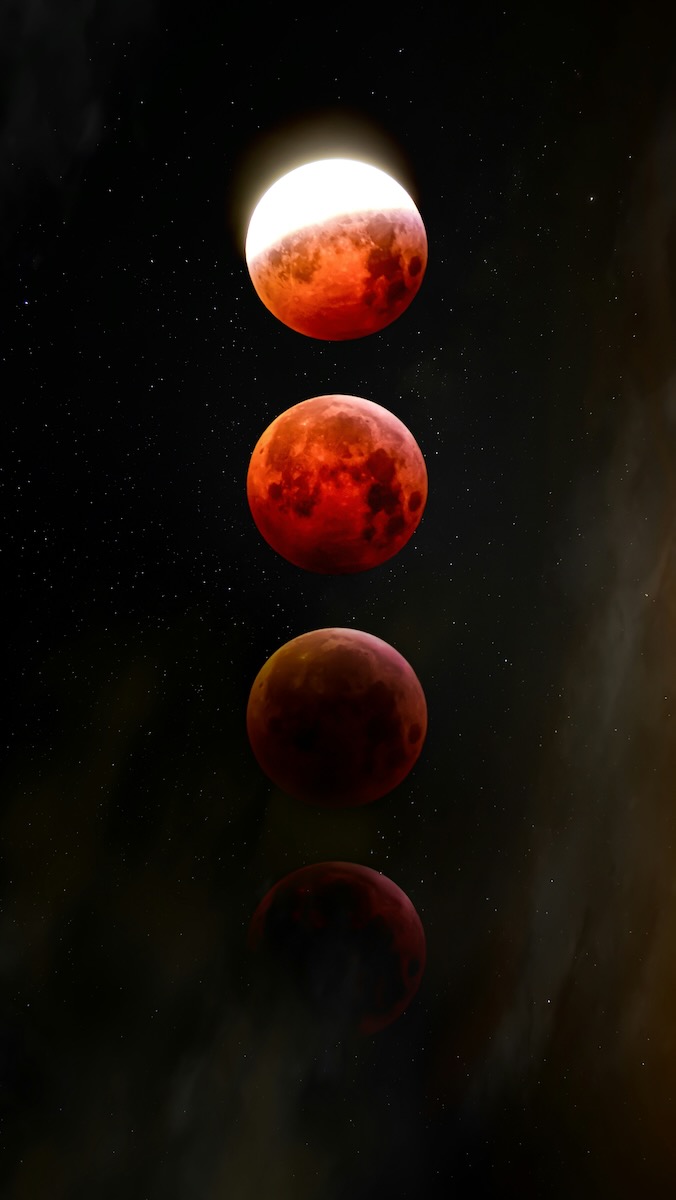 Four red moons going through a lunar eclipse in september on top of each other.