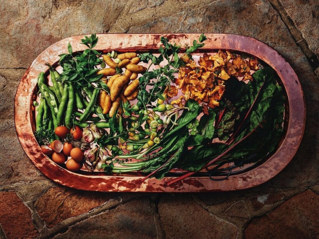 A copper platter filled with freshly foraged and farmed ingredients, including green beans, potatoes, mushrooms, and swiss chard.
