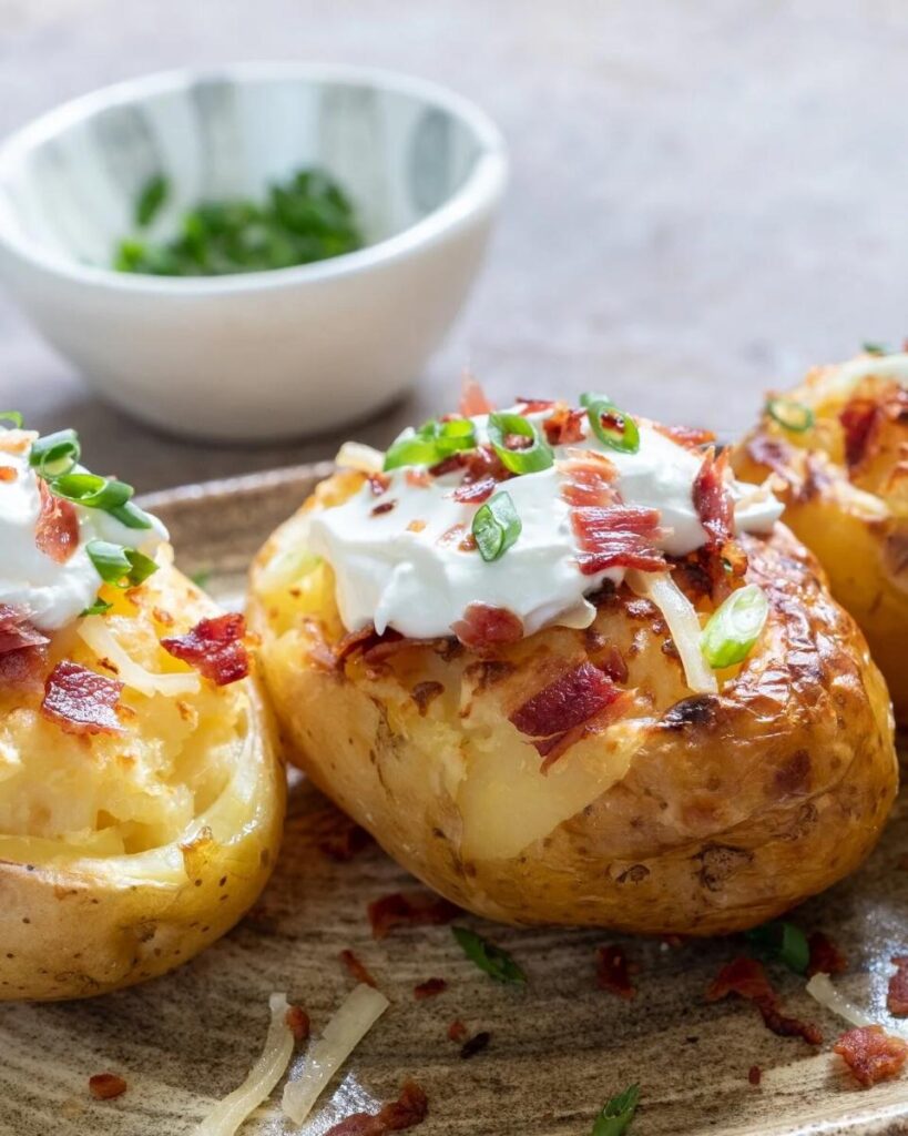A platter of three loaded baked potatoes topped with recipes like leftover chili, sour cream, bacon bits, and chopped chives.