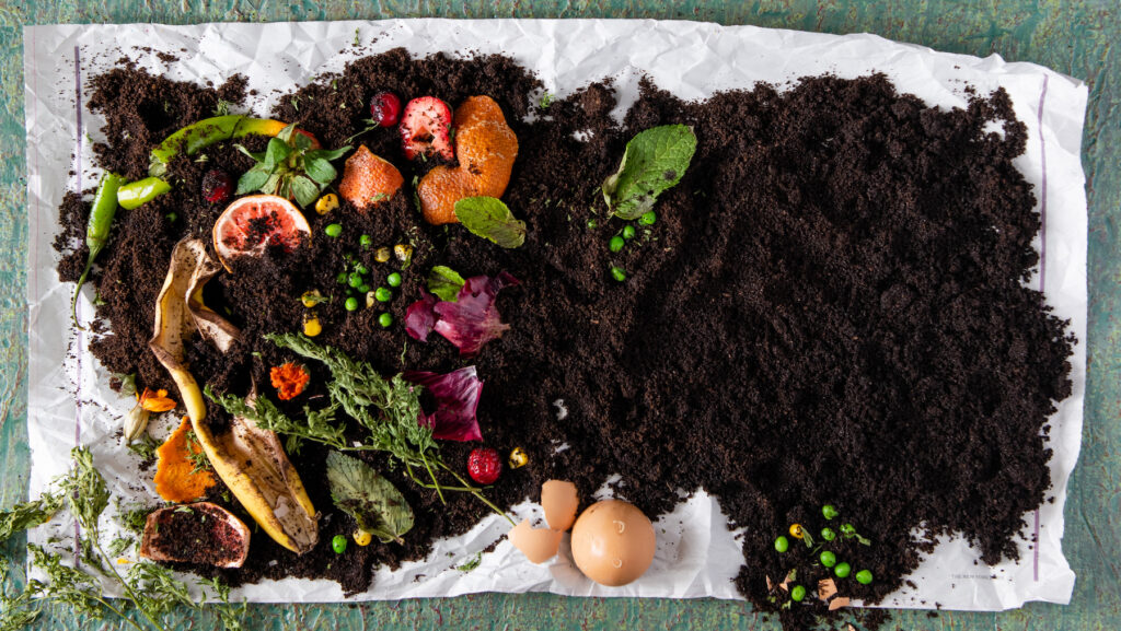 A pile of composting with soil and food scraps. 