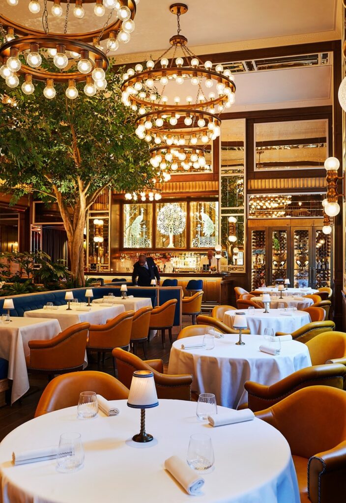 A dining space with many tables with white table cloths.