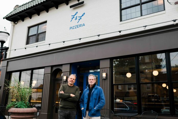 Frank Falcinelli and Frank Castronovo of F&F Pizzeria standing outside of their new pizza restaurant in Mt. Lebanon Pennsylvania