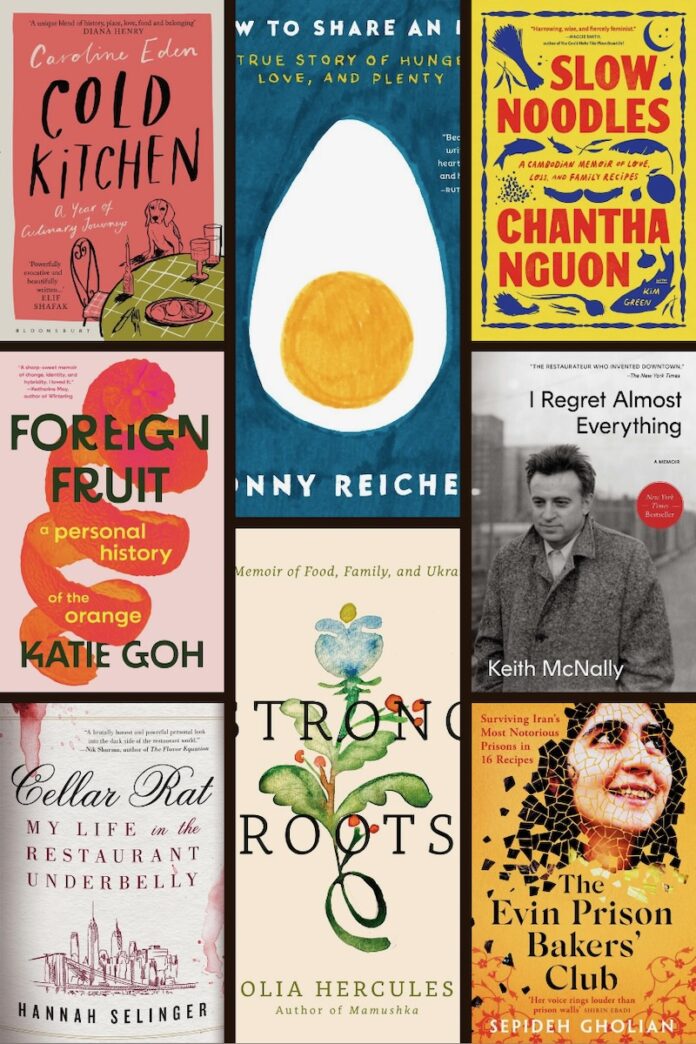 A collage of 8 food memoir book covers.