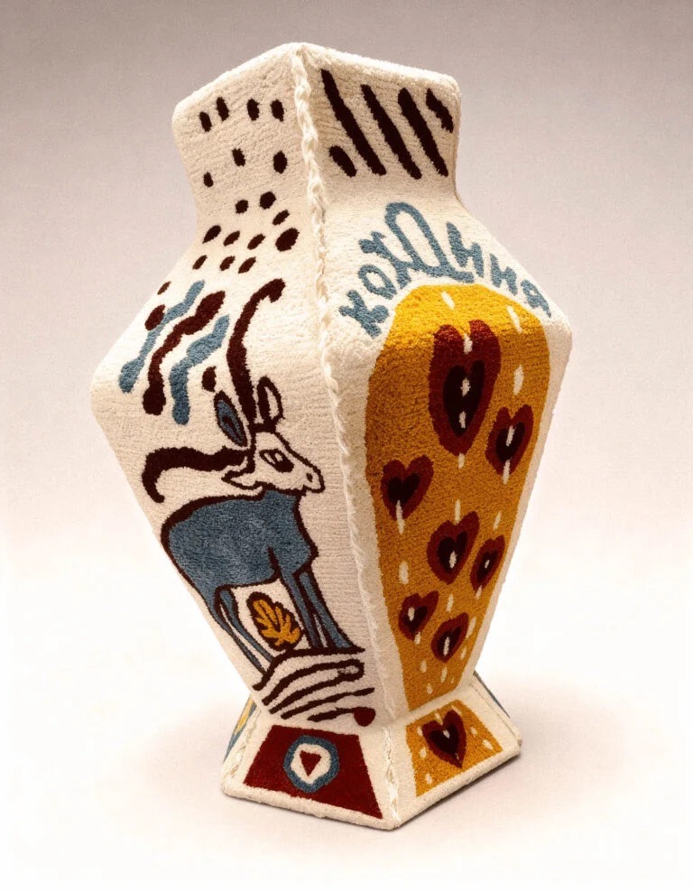 A large vase with a painting of a goat and red hearts on it.