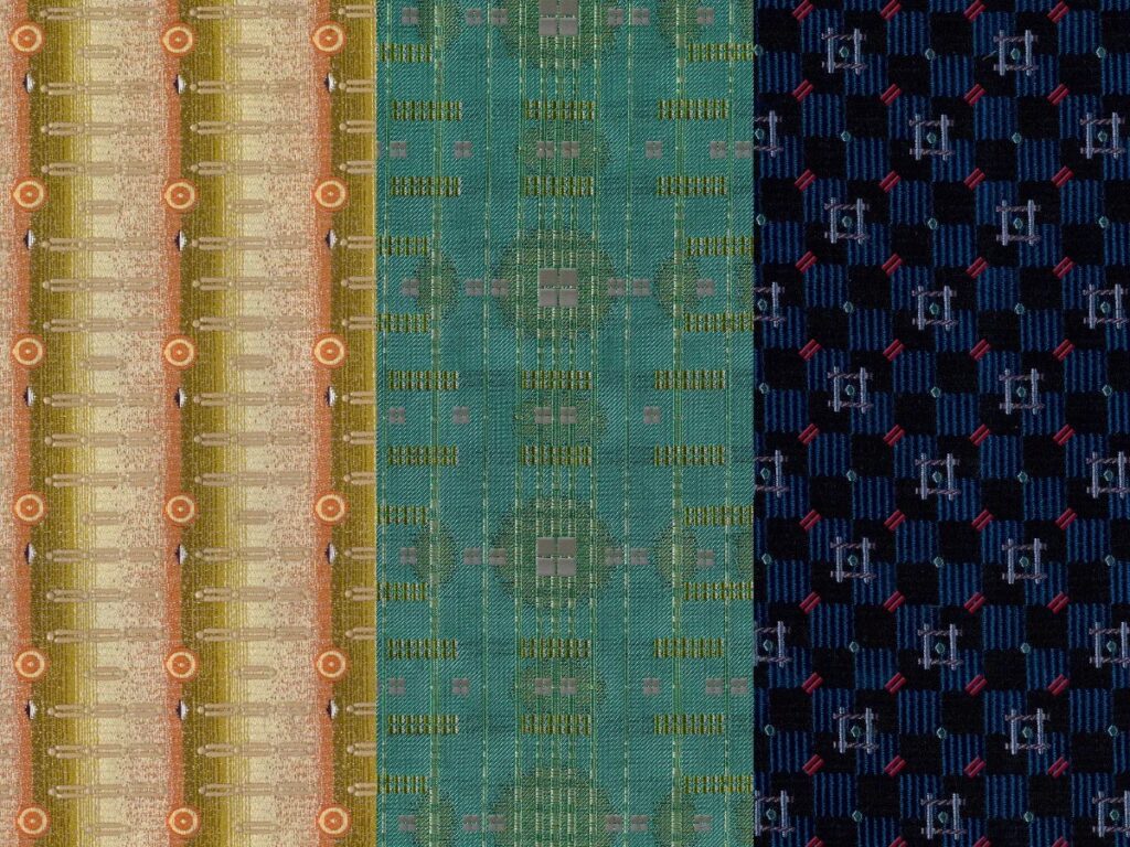 A rug in light blue, dark blue, and brown.