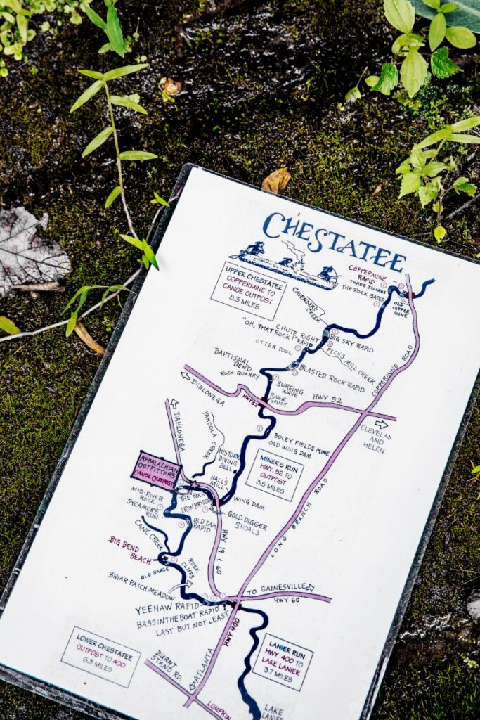 A map of the Chestatee River near Dahlonega, Georgia, showing paddling routes, rapids, and the Appalachian Outfitters canoe outpost.