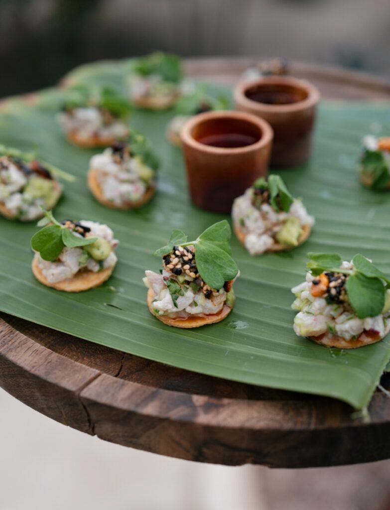 Fresh catch ceviche appetizers garnished with sesame seeds and microgreens, served on homemade tortilla chips during a wedding cocktail hour.