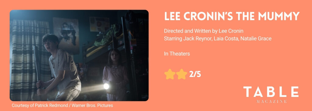 A graphic with a picture of two kids and a rating of 2 out of 5 stars for the movie Lee Cronin's The Mummy. 