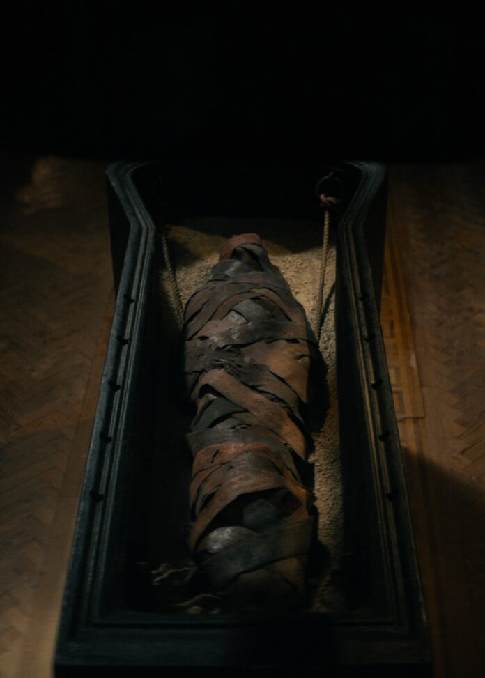 The Mummy from Lee Cronin's The Mummy sits wrapped in its tomb.