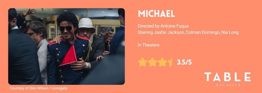 A rating card for the Michael movie with 3.5/5 stars and an image of Michael in a crowd.