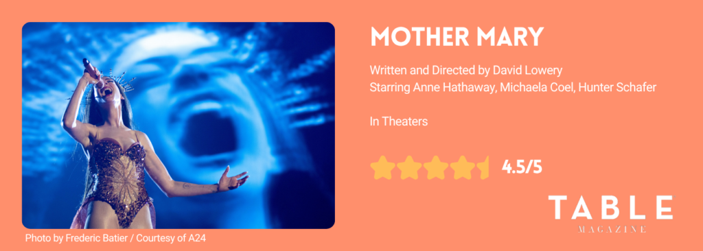 A rating card for Mother Mary a 4.5/5 star and a photo of a pop star singing on stage with a large blue projection behind her.