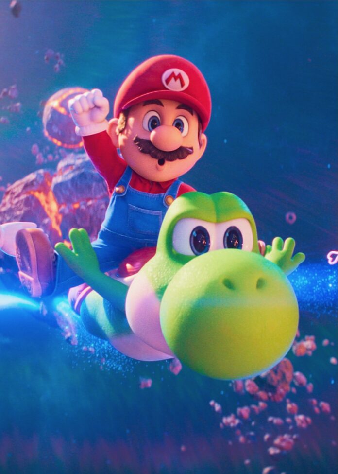 Mario rides Yoshi through the galaxy in the new Super Mario movie.
