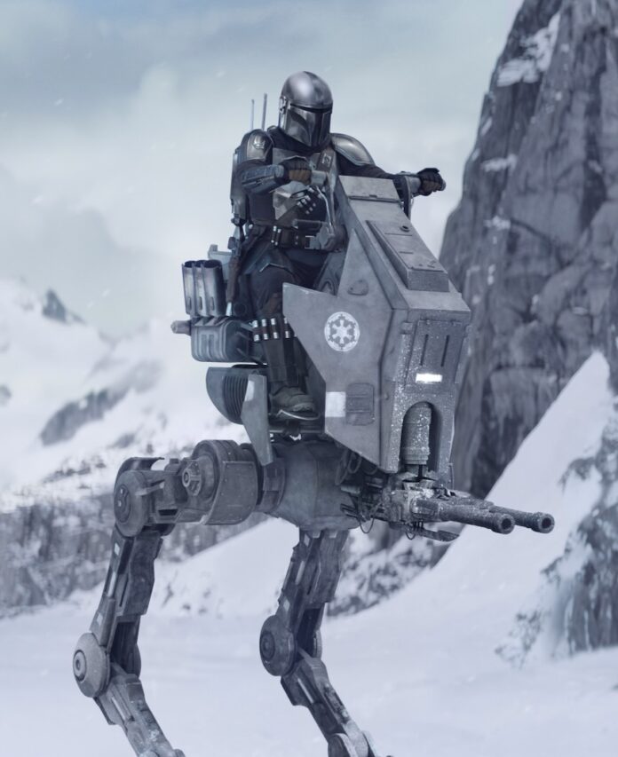 The Mandalorian rides a Star Wars bot walker in the snow and mountains.