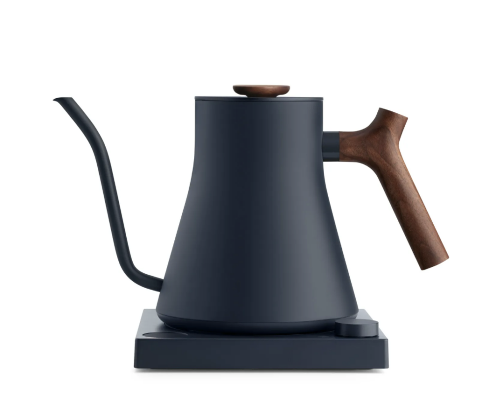 A tall blue kettle with a thin long spout.