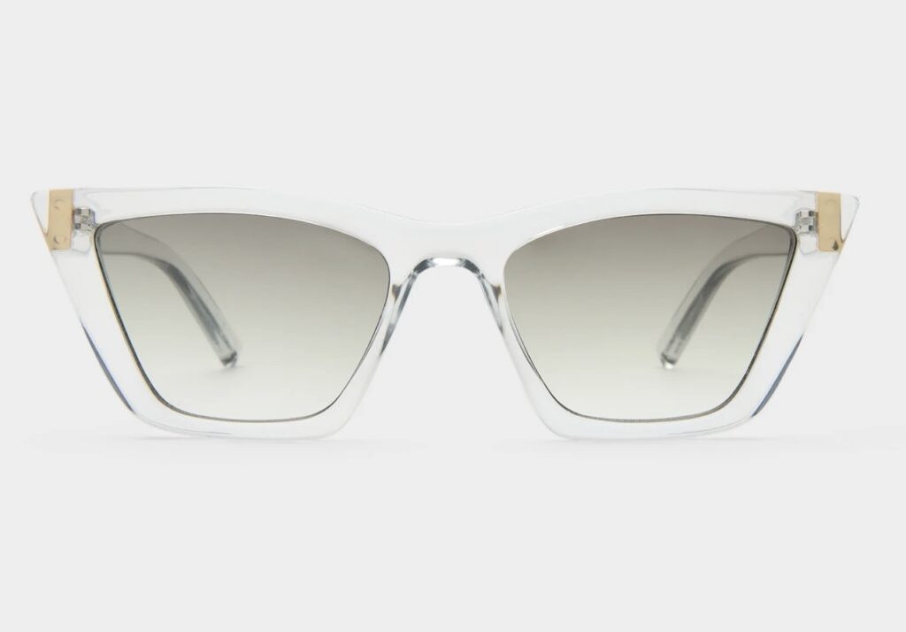 Sunglasses with polarized lenses in a cat eye shape.
