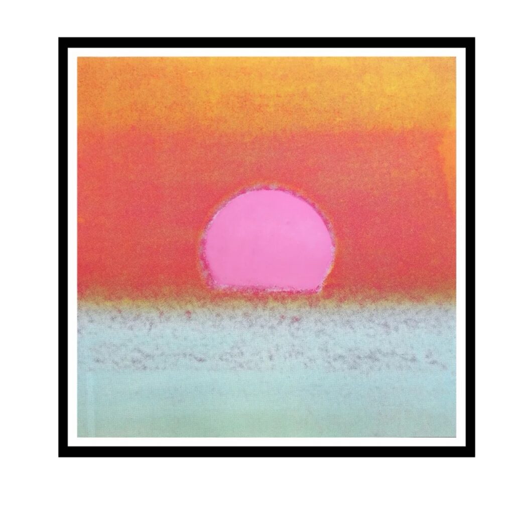 An Andy Warhol sunset painting in pink, red, orange, and blue.