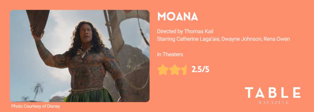 Maui in the live action Moana on an orange rating card giving the film 2.5/5 stars.
