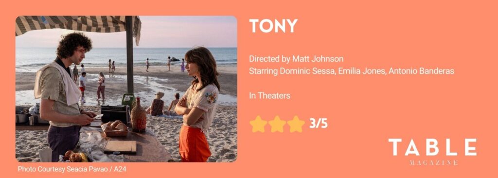 An orange banner review for Tony with a photo of Tony and a girl in the film and a 3/5 star rating.