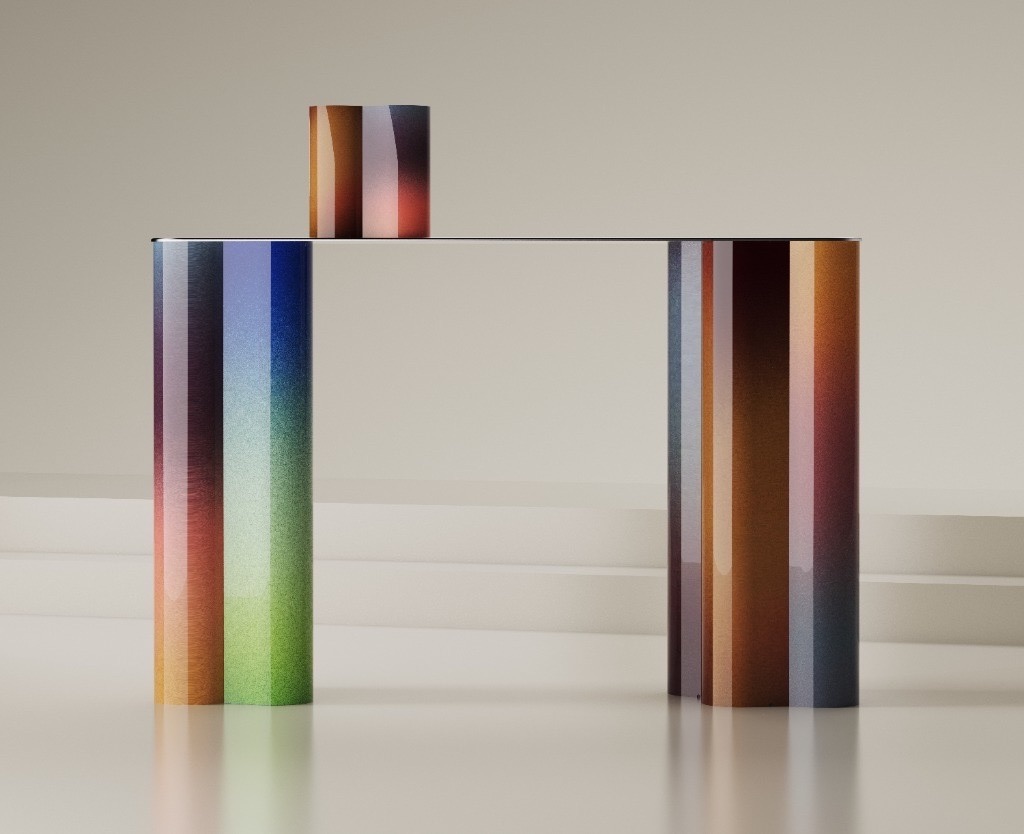 A Hermochroma table by SVZ Studio made out of long ombre tubes in blue and green and then brown and orange.